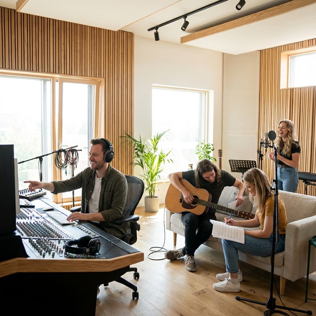 Music professionals collaborating in studio